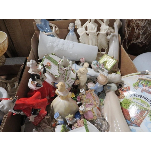 174 - TWO TRAYS OF ASSORTED CERAMICS TO INCLUDE COALPORT CHURCH, BERTIE BASSET COOKIE JAR ETC