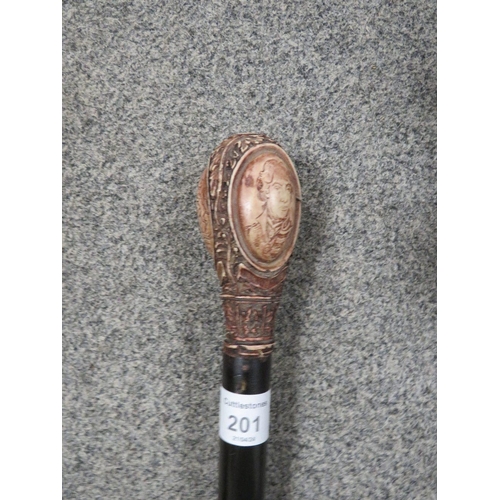 201 - A REPRODUCTION WALKING CANE WITH A CARVED HANDLE