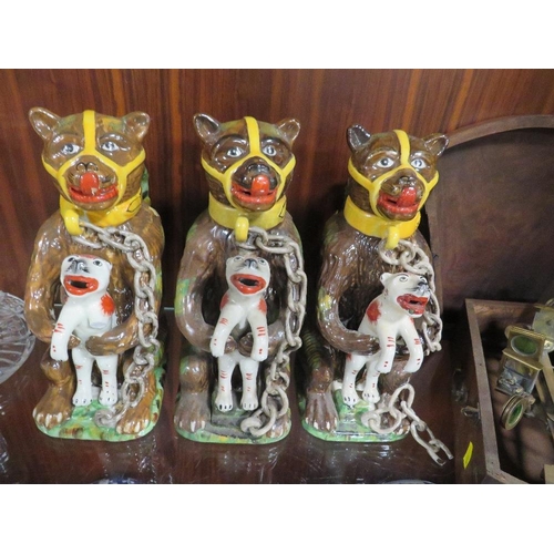 208 - THREE REPRODUCTION BEAR JUGS TOGETHER WITH A TOWER JUG A/F