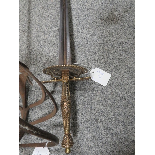 217 - A RAPIER STYLE SWORD WITH HOLLOW TRIANGULAR FORM BLADE, with fancy cast hilt, along with a mortuary ... 