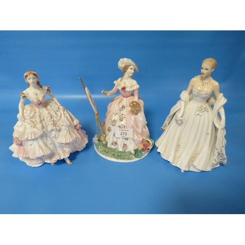 272 - THREE ROYAL WORCESTER FIGURINES TO INCLUDE THE GRACEFUL ARTS , GRACE KELLY, ROYAL DEBUT