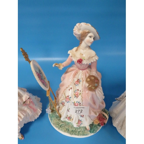 272 - THREE ROYAL WORCESTER FIGURINES TO INCLUDE THE GRACEFUL ARTS , GRACE KELLY, ROYAL DEBUT