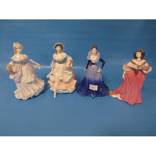 273 - FOUR COALPORT FIGURINES TO INCLUDE LADIES OF FASHION ANNE , LADY CASTLEMAIN , MILKMAID AND ( LAVENDE... 