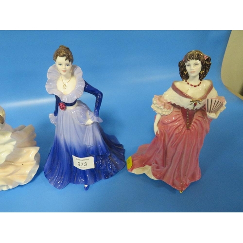 273 - FOUR COALPORT FIGURINES TO INCLUDE LADIES OF FASHION ANNE , LADY CASTLEMAIN , MILKMAID AND ( LAVENDE... 