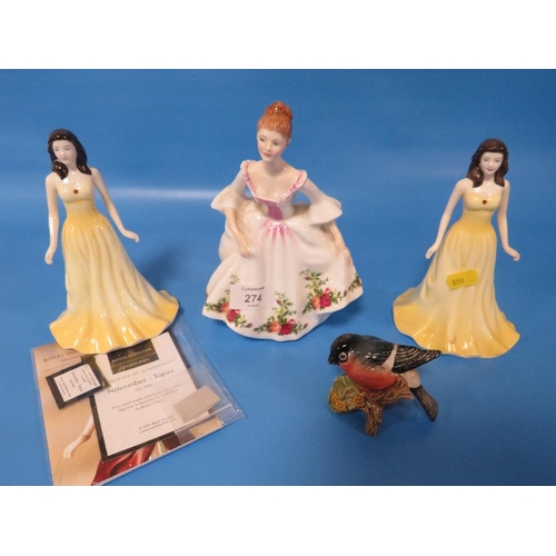 274 - A ROYAL DOULTON FIGURINE COUNTRY ROSE TOGETHER WITH TWO ROYAL DOULTON TOPAZ FIGURINES AND A BESWICK ... 