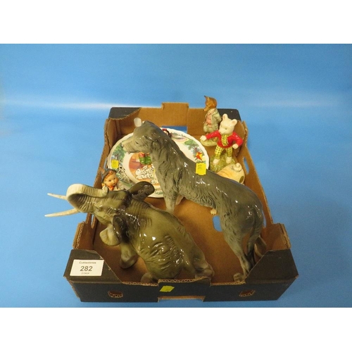 282 - A BOX OF COLLECTABLE CERAMICS TO INCLUDE ROYAL DOULTON RUPERT AND BESWICK FOXY WHISKERED GENTLEMAN