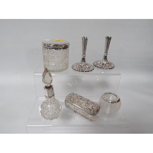 302 - A COLLECTION OF SIX HALLMARKED SILVER DRESSING TABLE ITEMS TO  INCLUDE BUD VASES