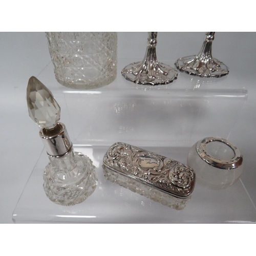 302 - A COLLECTION OF SIX HALLMARKED SILVER DRESSING TABLE ITEMS TO  INCLUDE BUD VASES