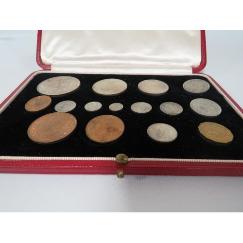 320 - A CASED SET OF GEORGE VI SPECIMEN COINS 1937, in fitted red Moroccan leather case, W 18.5 cm