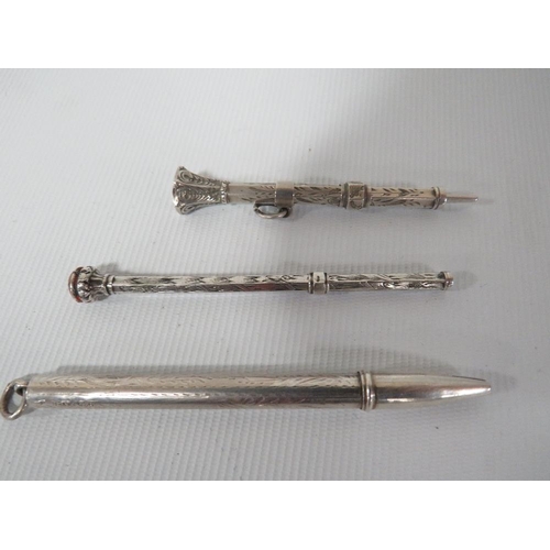 321 - ONE HALLMARKED SILVER PROPELLING PENCIL TOGETHER WITH TWO WHITE METAL PROPELLING PENCILS ONE A/F