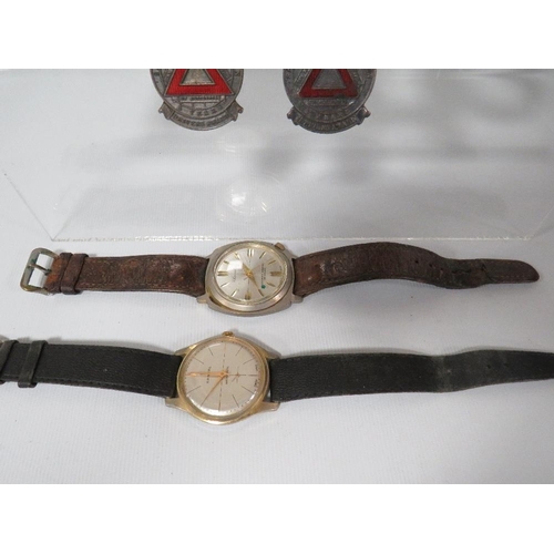 337 - A SELECTION OF VINTAGE WRIST WATCHES , SAFE DRIVING MEDALS ETC