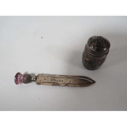 349 - A HALLMARKED SILVER BOOK OR PAGE MARKER AND SILVER PEPPER