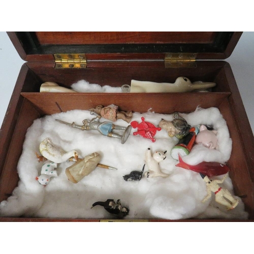 412 - A VICTORIAN MAHOGANY WRITING BOX, CONTAINING A COLLECTION OF MINIATURE ANIMALS, FIGURES ETC