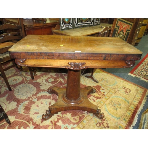 837 - AN ANTIQUE ROSEWOOD FOLD-OVER CARD TABLE A/F