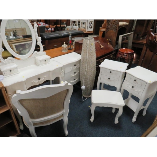 856 - A QUANTITY OF WHITE FURNITURE TO INC DRESSING TABLE, MIRROR, ARMCHAIR, THREE CHESTS, STOOL AND LAMP