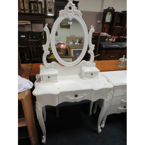 856 - A QUANTITY OF WHITE FURNITURE TO INC DRESSING TABLE, MIRROR, ARMCHAIR, THREE CHESTS, STOOL AND LAMP