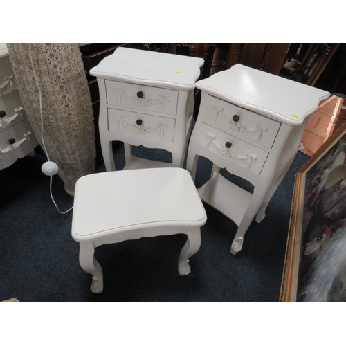 856 - A QUANTITY OF WHITE FURNITURE TO INC DRESSING TABLE, MIRROR, ARMCHAIR, THREE CHESTS, STOOL AND LAMP