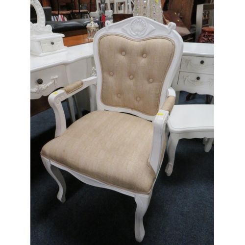 856 - A QUANTITY OF WHITE FURNITURE TO INC DRESSING TABLE, MIRROR, ARMCHAIR, THREE CHESTS, STOOL AND LAMP