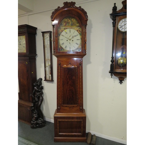 864 - A SCOTTISH 8 DAY LONGCASE CLOCK, the walnut and mahogany case with arched top hood and various boxwo... 