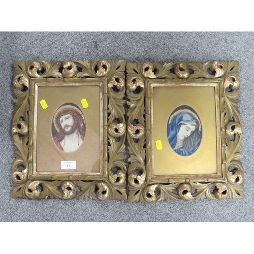 13 - A PAIR OF GILT FLORENTINE STYLE FRAMES OF RELIGIOUS NEEDLEWORK STUDIES