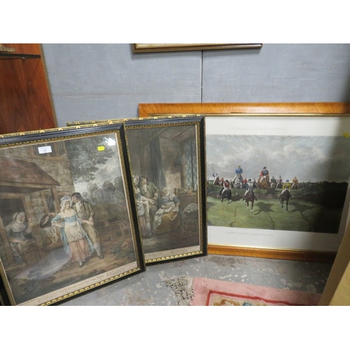 16 - A LARGE FRAMED EQUESTRIAN COLOURED ENGRAVING 'McQUEENS STEEPLE CHASING' PLUS A PAIR OF ENGRAVINGS (3... 