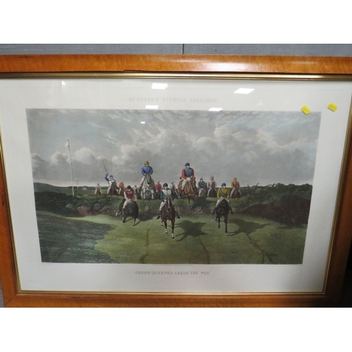 16 - A LARGE FRAMED EQUESTRIAN COLOURED ENGRAVING 'McQUEENS STEEPLE CHASING' PLUS A PAIR OF ENGRAVINGS (3... 