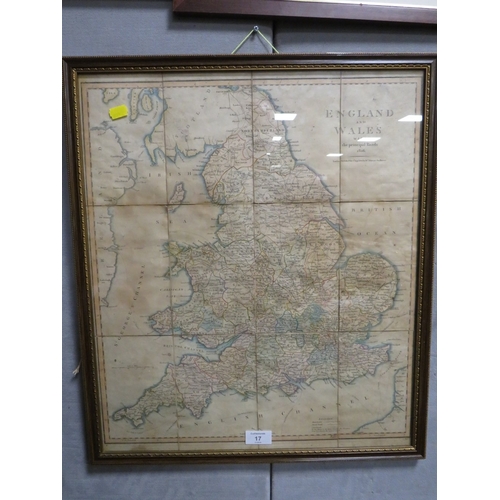 17 - A VINTAGE FRAMED AND GLAZED ENGLAND AND WALES ROAD MAP