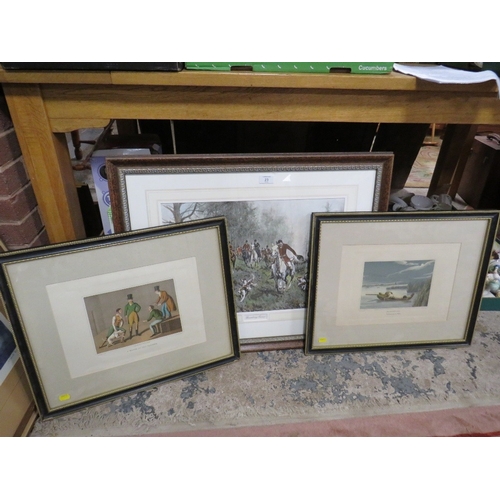 23 - A LARGE 'BREAKING COVER' HUNTING PRINT AND A PAIR OF SPORTING PRINTS (3)