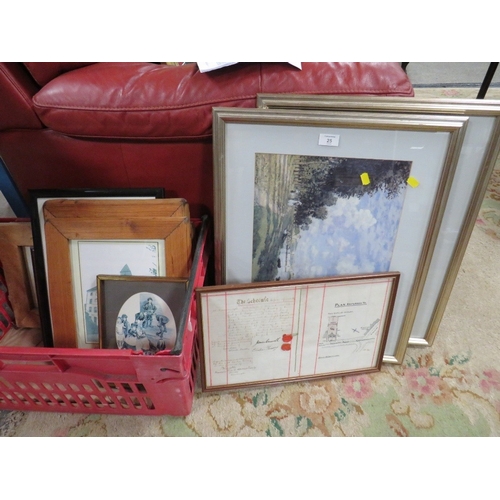 25 - A COLLECTION OF ASSORTED PICTURE AND PRINTS TO INCLUDE AN EARLY SCHEDULE WITH SEAL