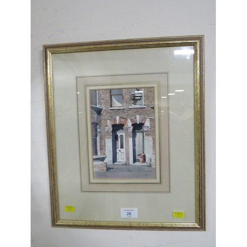 28 - A WATER COLOUR BY PAUL BISSON DEPICTING A STREET SCENE