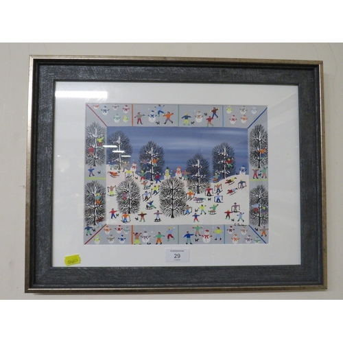 29 - GORDON BARKER A FRAMED AND GLAZED MIXED MEDIA - 'SNOW SPORTS'