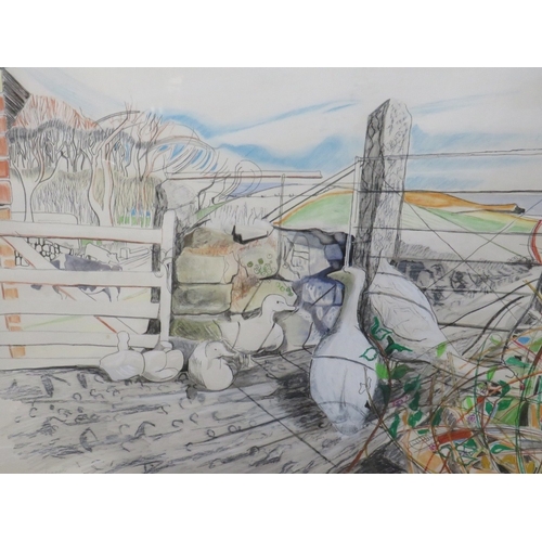 33 - A WATER COLOUR BY BRIDGET LEAMAN 1981 DEPICTING FARMYARD AND GEESE