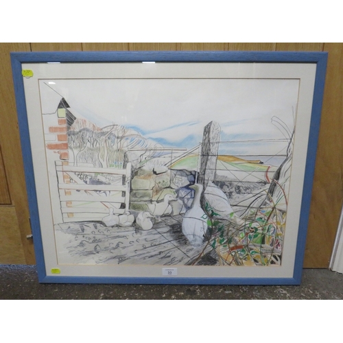 33 - A WATER COLOUR BY BRIDGET LEAMAN 1981 DEPICTING FARMYARD AND GEESE