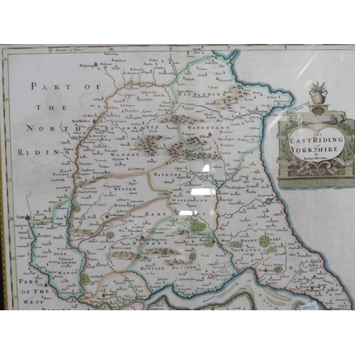 37 - ROBERT MORDAN, 2 FRAMED AND GLAZED HAND TINTED 18TH CENTURY MAPS, EAST RIDING OF YORKSHIRE AND THE N... 