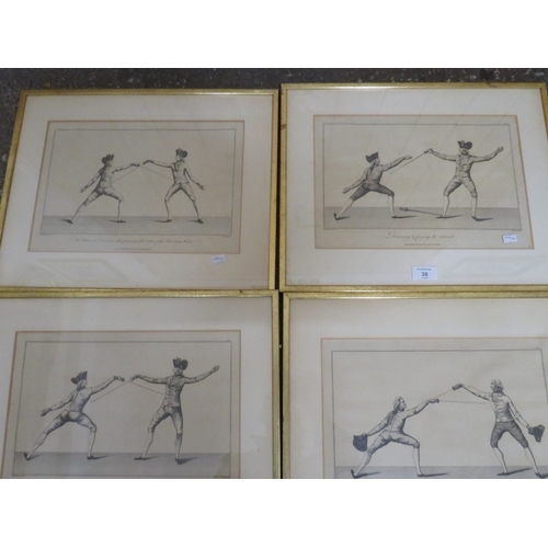 38 - FIVE LATE 18TH CENTURY FENCING INTEREST ENGRAVINGS ( IN LATER FRAMES ) SHOWING VARIOUS SCENES OF SWO... 