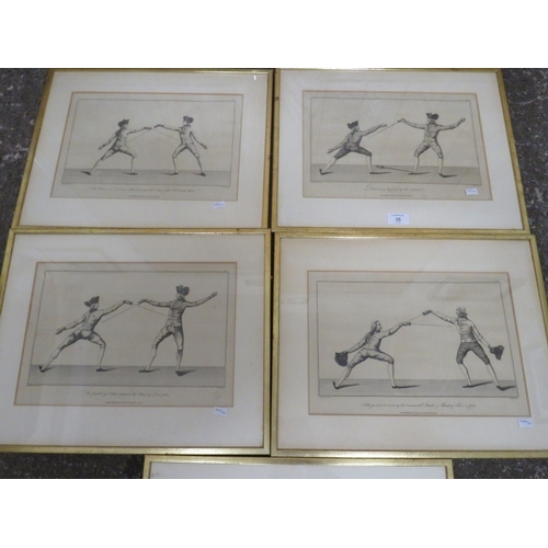 38 - FIVE LATE 18TH CENTURY FENCING INTEREST ENGRAVINGS ( IN LATER FRAMES ) SHOWING VARIOUS SCENES OF SWO... 