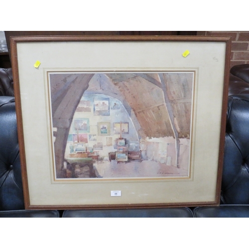 48 - A FRAMED AND GLAZED WATERCOLOUR OF AN INTERIOR SCENE BY S.T.C.WEEKS, SIGNED LOWER RIGHT