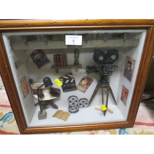 8 - A BOXED MOVIE DISPLAY SCENE WITH AN OVAL MIRROR ETC (QTY)