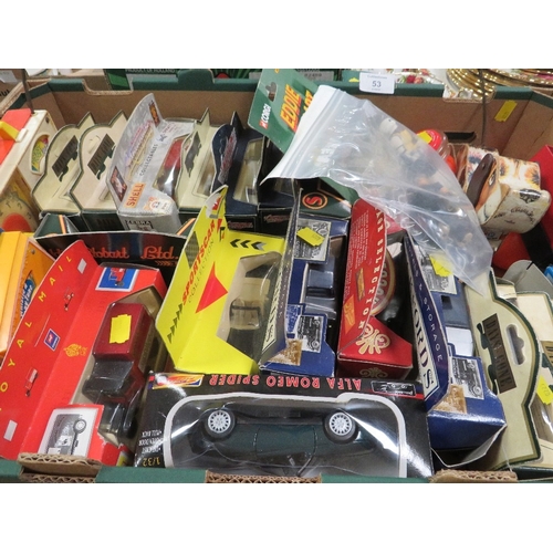 53 - A TRAY OF ASSORTED TOY CARS, FISHER PRICE WIND UP TOYS ETC