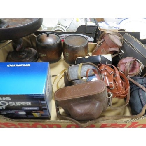 59 - A TRAY OF COLLECTABLES TO INCLUDE BINOCULARS,  CAMERAS AND TREEN