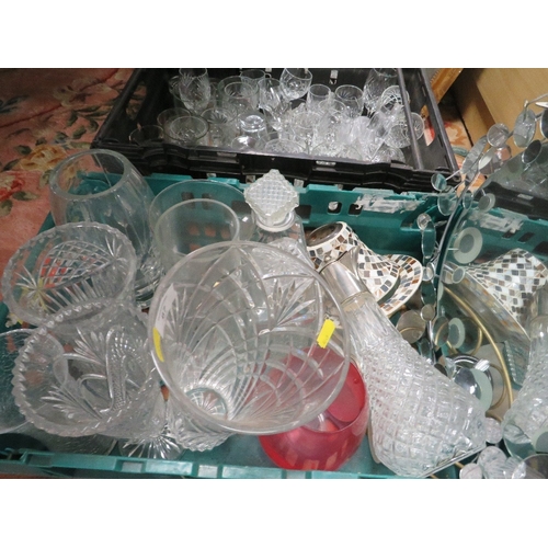 67 - THREE TRAYS OF ASSORTED GLASS WARE TO INCLUDE CUT GLASS DRINKING GLASSES, VASES ETC