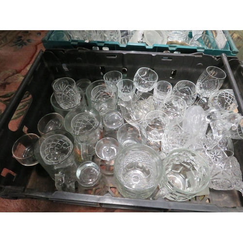 67 - THREE TRAYS OF ASSORTED GLASS WARE TO INCLUDE CUT GLASS DRINKING GLASSES, VASES ETC