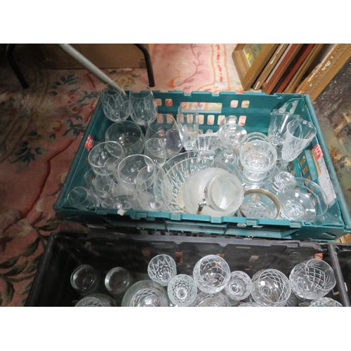 67 - THREE TRAYS OF ASSORTED GLASS WARE TO INCLUDE CUT GLASS DRINKING GLASSES, VASES ETC