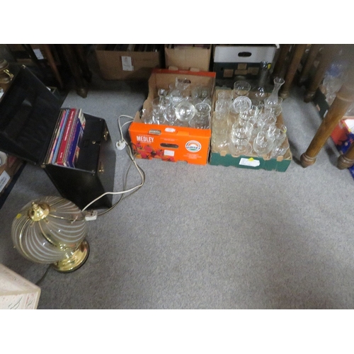 123 - TWO TRAYS OF ASSORTED GLASS WARE, TABLE LAMPS, RECORDS ETC