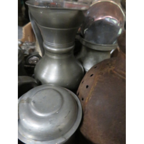 127 - A TRAY OF ASSORTED METAL WARE, PEWTER, BRASS WARE TOGETHER WITH ASSORTED PLANTERS