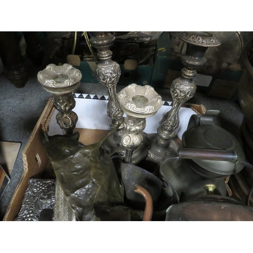 127 - A TRAY OF ASSORTED METAL WARE, PEWTER, BRASS WARE TOGETHER WITH ASSORTED PLANTERS