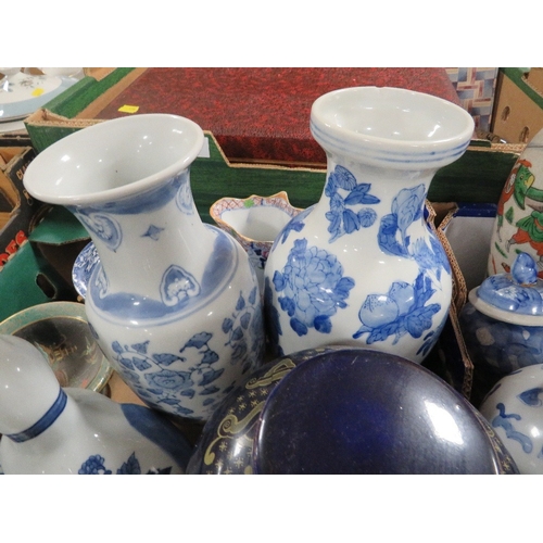 141 - TWO TRAYS OF BLUE/WHITE WARE VASES ETC