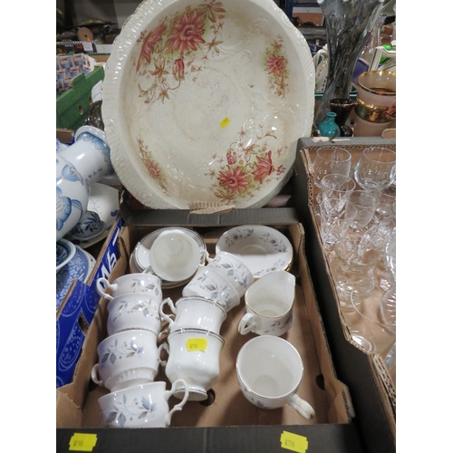 142 - TWO TRAYS OF GLASSES TO INCLUDE CRYSTAL, TEA SET, WASH BOWL