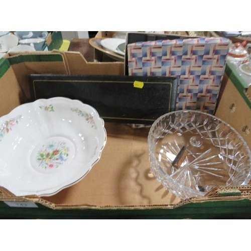 143 - A BOX OF CHINA AND SUNDRIES AYNSLEY WILD TUDOR BOWL  TO INCLUDE A CANTEEN OF CUTLERY ETC