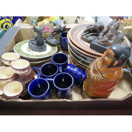 146 - A TRAY OF ASSORTED CERAMICS TO INCLUDE A FRIAR CHUCKY EGG HOLDER